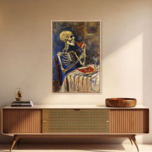 Carregar imagem no visualizador da galeria, Funny Skeleton Eating A Pizza, Framed Canvas Print, Halloween Decor