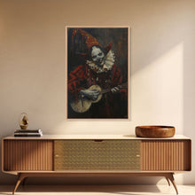 Load image into Gallery viewer, Creepy Clown Playing Guitar, Framed Canvas Print, Spooky Circus Art, Halloween Wall Decor, Horror Clown Illustration, Creepy Home Decor