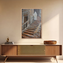 Load image into Gallery viewer, Ghost On Stairs Canvas Print - Halloween Art, Spooky Home Decor, Ghost Wall Art, Haunted House Decor, Halloween Decor, Framed Canvas Print