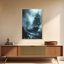 Load image into Gallery viewer, Ghost Ship in Storm Halloween Art, Spooky Maritime, Haunted Ocean, Creepy Seascape, Stormy Night, Framed Canvas Print