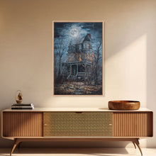 Carregar imagem no visualizador da galeria, Abandoned House Under Moon Full Halloween Art, Spooky Mansion, Haunted Home, Creepy Decor, Gothic Artwork, Framed Canvas Print