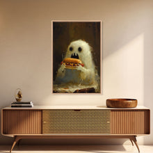 Carregar imagem no visualizador da galeria, Cute Ghost Chompin on A Hot Dog, Ghostly Hot Dog Thief, Framed Canvas Print, Funny Halloween Spooky Season Art