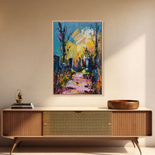 Cargar imagen en el visor de la galería, Colorful Haunted Cemetary, Springtime Halloween Mashup, Spooky Season Vibes, Framed Canvas Print, Haunted Graveyard