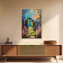 Load image into Gallery viewer, Enchanted Path Framed Canvas Print, Halloween Art, Spooky Garden, Haunted Walkway, Fall Decor Gothic Decor, Ghostly Archway, Eerie Landscape