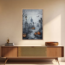 Load image into Gallery viewer, Eerie Graveyard with Pumpkins Framed Canvas Print, Halloween Wall Art, Spooky Cemetery, Home Decor, Gothic Artwork, Living Room Art, Creepy