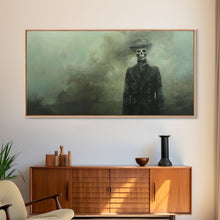 Load image into Gallery viewer, Dapper Skeleton In The Fog, Framed Canvas Print, Halloween Decor, Macabre Dark Academia Wall Art