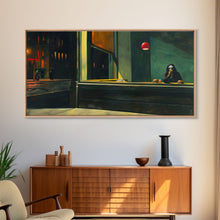 Load image into Gallery viewer, Demon Having a Cheeseburger in a Diner, Funny / Liminal Halloween Art, Framed Canvas Print