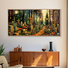 Load image into Gallery viewer, Colorful Haunted Grave Yard In The Spring Time, Framed Canvas Print, Spooky Wall Art, Halloween Spooky Season Decor