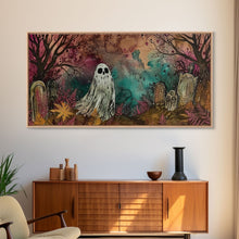 Carregar imagem no visualizador da galeria, Cute Ghost In The Cemetery, Framed Canvas Print, Halloween Wall Decor, Halloween Trinkets