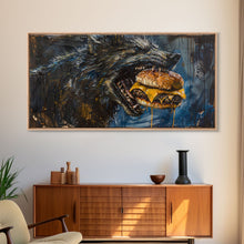 Load image into Gallery viewer, Big Ol Werewolf Having A Cheese Burger - Framed Canvas Print - Funny Halloween Art