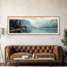 Carregar imagem no visualizador da galeria, Avalanche Lake Montana Panoramic Framed Canvas Print, Lake House Art, Boho Decor, Travel Poster, Nature Wall Art, Serene Scene