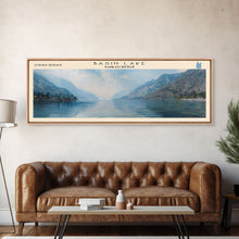 Load image into Gallery viewer, Basin Lake Panoramic Framed Canvas Print, Lake House Decor, Scenic Painting, Travel Poster, Rustic Art, Nature Wall Art