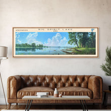 Load image into Gallery viewer, Big Spirit Lake Iowa Framed Canvas Print, Panoramic Lake House Decor, Scenic View, Travel Poster, Rustic Art, Lake Painting