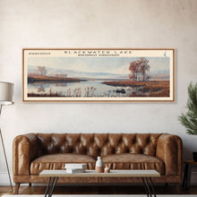 Load image into Gallery viewer, Blackwater Lake Framed Canvas Print, Lake House Decor, Panoramic Scenic View, Travel Poster, Minimalist Art, Lake Painting
