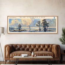 Load image into Gallery viewer, Blue Cypress Lake Florida Framed Canvas Print, Lake House Art, Panoramic Scenic View, Travel Poster, Modern Decor, Lake Painting