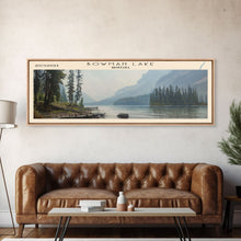 Load image into Gallery viewer, Bowman Lake Montana Framed Canvas Print, Panoramic Lake House Decor, Wall Art, Travel Poster, Rustic Lake Painting, Nature Art