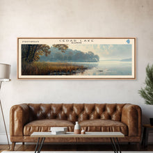 Cargar imagen en el visor de la galería, Cedar Lake Illinois Framed Canvas Print, Lake House Art, Panoramic Wide Art, Travel Poster, Minimalist Lake Painting, Home Decor