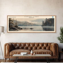 Cargar imagen en el visor de la galería, Cedar Lake Framed Canvas Print, Panoramic Lake House Decor, Wide Wall Art, Travel Poster, Rustic Lake Painting, Nature Art