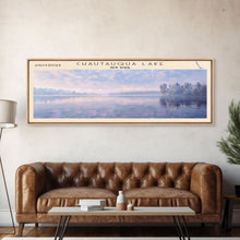 Cargar imagen en el visor de la galería, Chautauqua Lake New York Framed Canvas Print, Lake House Art, Panoramic Wide Wall Art, Travel Poster, Modern Lake Painting, Nature Art