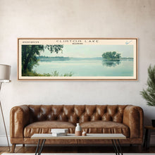Load image into Gallery viewer, Clinton Lake Illinois Framed Canvas Print, Panoramic Lake House Decor, Wide Wall Art, Travel Poster, Rustic Lake Painting, Nature Art