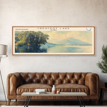 Load image into Gallery viewer, Crescent Lake Framed Canvas Print, Lake House Art, Panoramic Travel Poster, Wall Art, Modern Lake Painting, Home Decor
