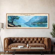 Load image into Gallery viewer, Diablo Lake Washington Framed Canvas Print, Lake House Art, Panoramic Wall Art, Travel Poster, Minimalist Lake Painting, Home Decor