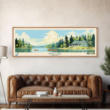 Load image into Gallery viewer, Bass Lake Indiana Framed Canvas Print, Panoramic Travel Poster, Midcentury Modern Wall Art, Pop Art, Nature Bedroom Decor, Lake House Art, Scenic Lake House