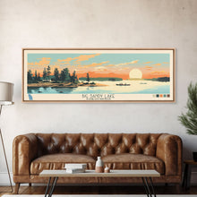 Load image into Gallery viewer, Big Sandy Lake Saskatchewan Framed Canvas Print, Panoramic Travel Poster, Midcentury Modern Wall Art, Pop Art, Lake House Decor, Nature Art