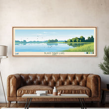 Load image into Gallery viewer, Black Hawk Lake Iowa Framed Canvas Print, Panoramic Travel Poster, Midcentury Modern Wall Art, Pop Art, Nature Bedroom Art, Scenic Lake House Decor