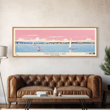 Cargar imagen en el visor de la galería, Chautauqua Lake New York Framed Canvas Print, Pop Art Panoramic Travel Poster, Midcentury Modern, Wall Art, Scenic Nature Painting, Bedroom Decor, Living Room Art