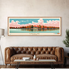 Load image into Gallery viewer, Clinton Lake Illinois Framed Canvas Print, Midcentury Modern Panoramic Wall Art, Living Room Decor, Pop Art, Travel Poster Art, Scenic Nature Painting, Lake House Decor