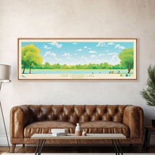 Load image into Gallery viewer, Crab Orchard Lake Illinois Framed Canvas Print, Midcentury Modern Panoramic Wall Art, Living Room Decor, Pop Art, Travel Poster Art, Scenic Nature Painting, Lake House Decor
