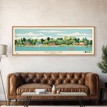 Load image into Gallery viewer, Crooked Lake Indiana Framed Canvas Print, Midcentury Modern Panoramic Wall Art, Living Room Decor, Pop Art, Travel Poster Art, Scenic Nature Painting, Lake House Decor