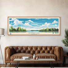 Load image into Gallery viewer, Crooked Lake Michigan Framed Canvas Print, Pop Art Panoramic Travel Poster, Midcentury Modern, Wall Art, Scenic Nature Painting, Bedroom Decor, Living Room Art