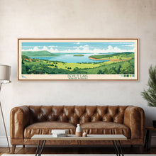Load image into Gallery viewer, Devils Lake North Dakota Framed Canvas Print, Midcentury Modern Panoramic Wall Art, Living Room Decor, Pop Art, Travel Poster Art, Scenic Nature Painting