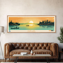 Load image into Gallery viewer, Dore Lake Saskatchewan Framed Canvas Print, Midcentury Modern Panoramic Wall Art, Living Room Decor, Pop Art, Travel Poster Art, Scenic Nature Painting