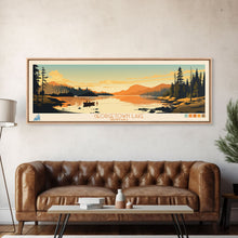 Load image into Gallery viewer, Georgetown Lake Montana Framed Canvas Print, Panoramic Wall Art, Midcentury Modern, Pop Art, Living Room Decor, Travel Poster, Nature Art, Lake House Art
