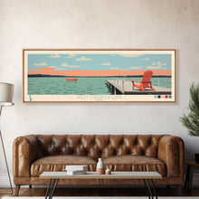 Load image into Gallery viewer, West Okoboji Lake, Iowa Panoramic Framed Canvas Print, Lake House Art, Midcentury Modern Decor, Pop Art, Travel Poster, Bedroom Wall Art