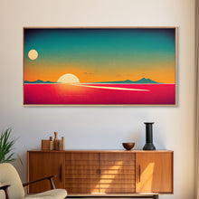 Load image into Gallery viewer, Art Deco Wall Decor, Wall Art, Framed Canvas Print, Retro Style Sunset Art, Scifi Wall Decor, 2 Suns
