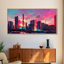 Load image into Gallery viewer, Cyber punk city skyline canvas print, outrun sunset, synthwave, vapor wave, dystopian city at sun set, mancave wall art, video game concept