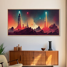 Load image into Gallery viewer, Art deco style space canvas print, space ship art, space art, outrun style, sci-fi themed art print, science fiction wall art