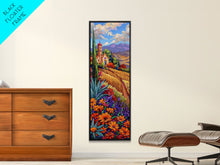 Carregar imagem no visualizador da galeria, Framed and Printed Canvas Painting of Colorful Tuscan Countryside, Gouache Textured Canvas Painting, Botanical Wall Art Print, Skinny Art