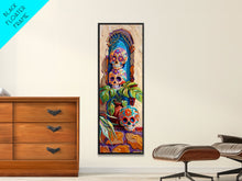 Load image into Gallery viewer, Day of The Dead Inspired Mexican Canvas Painting Framed, Long Narrow Wall Art Print, Spanish Style Home Decor, Contemporary Art Print
