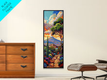 Cargar imagen en el visor de la galería, Colorful Textured Canvas Painting of Erupting Volcano Landscape, Tall and Narrow Vertical Art for Office, Mountain Wall Art Prints Framed