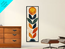 Load image into Gallery viewer, Abstract Geometric Stained Glass Design in Vibrant Colors - Framed Canvas Print, Midcentury Modern Art, Skinny Art, Tall Art, Living Room Wall Decor