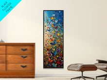 Carregar imagem no visualizador da galeria, Burst of Colorful Butterflies in a Floral Meadow, Skinny and Tall Art, Energetic Framed Canvas Print, Vibrant Wall Art