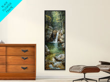 Carregar imagem no visualizador da galeria, Framed Canvas Print Skinny Art of a Serene Waterfall Cascading into a Tranquil Pool in a Lush Forest Landscape, Perfect Tall Art for Nature Lovers