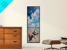 Carregar imagem no visualizador da galeria, Framed Canvas Print Tall Art Featuring a Piece of Driftwood on a Sandy Beach with Bright Blue Sky and Ocean Waves, Ideal Skinny Art for Coastal Homes