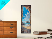 Carregar imagem no visualizador da galeria, Framed Canvas Print Skinny Art of a Sunlit Beach Scene Framed by Rocky Cliffs, Overlooking a Crystal Blue Sea Under a Clear Sky, Perfect Tall Coastal Art