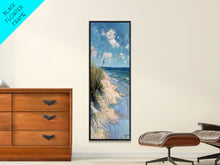 Carregar imagem no visualizador da galeria, Framed Canvas Print Skinny Art of a Peaceful Beach Scene with Sea Oats Blowing in the Wind and Gentle Waves in the Background, Perfect Tall Art for Homes